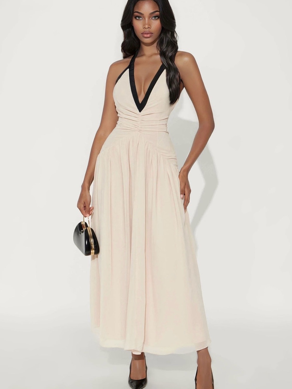 Elegant Cream Halter Maxi Dress with Black Trim
